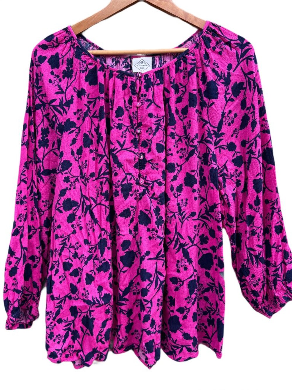 St Johns Bay Top Pink Navy Floral Long Sleeve Romantic Peasant Womens Size 3X